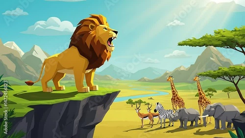 Animated cartoon illustration of a roaring lion and african animals on a savannah landscape scene, Generative AI