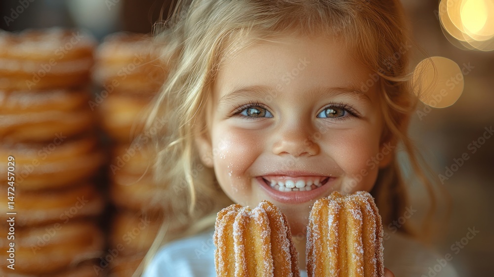 Naklejka premium Child holding churros, happy expression, surrounded by donuts, cafe setting
