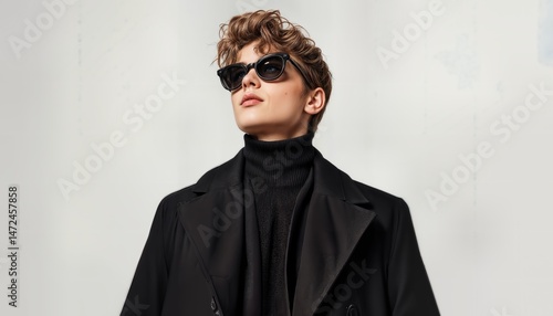 a stylish young man with curly hair confidently looks upwards while wearing black sunglasses, a turtleneck sweater, and a classic black coat against a neutral background.