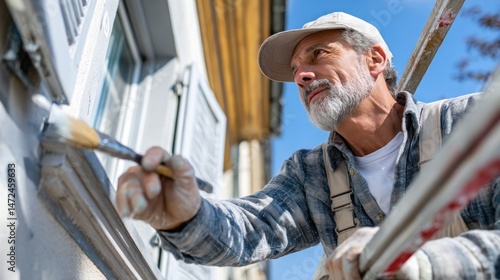 Senior man painting the exterior of a house