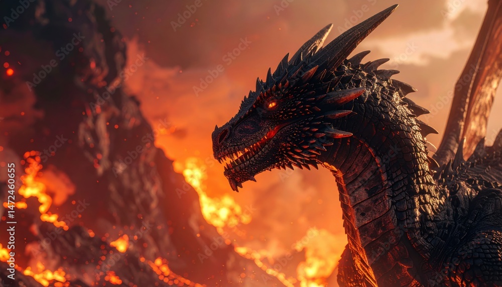 Dragon in the fiery realm: A fearsome dragon, its eyes glowing red, surveys a landscape of fire, lava, and molten rock, embodying power and ancient majesty. Dragon in the fiery realm: A fearsome dragon, its eyes glowing red, surveys a landscape of fire, lava, and molten rock, embodying power and ancient majesty.