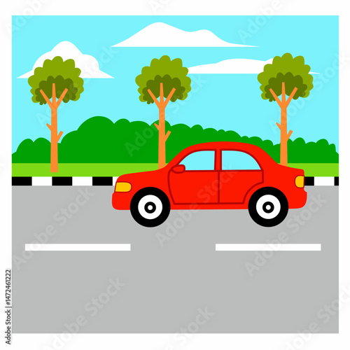 Vector illustration of a highway scene with a red car against a background of trees, clear sky and clouds. Suitable for transportation, vehicles, traffic and children's education themes.