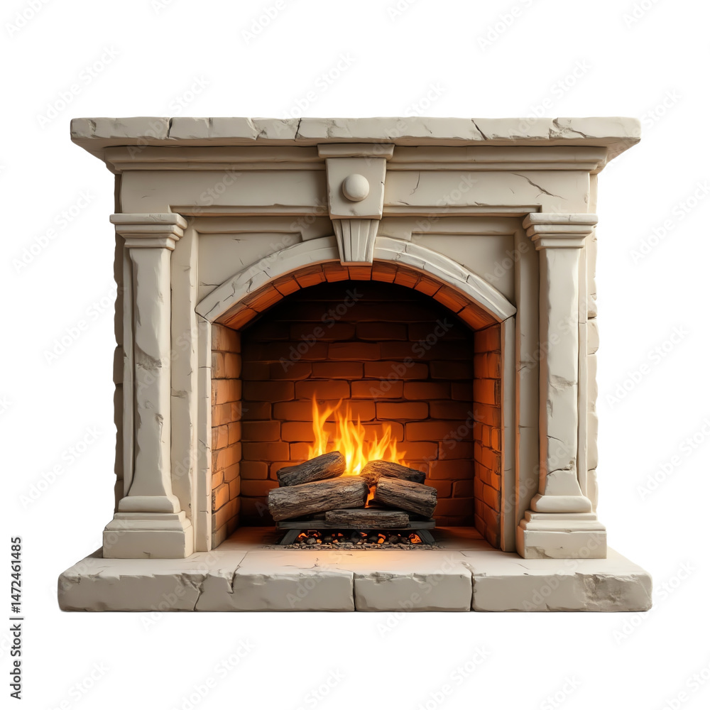 Elegant stone fireplace with warm glowing fire. Elegant stone fireplace with warm glowing fire.