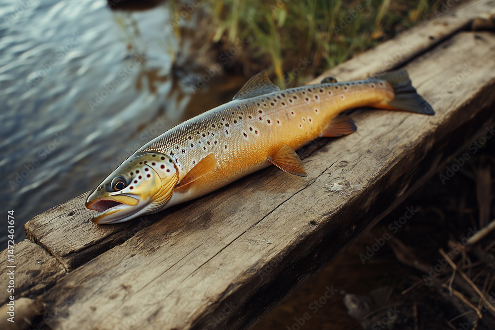 Obraz premium Beautiful Brown Trout Close-Up on Rustic Wooden Surface by Riverbank – Wild Catch and Tranquil Fishing Moment