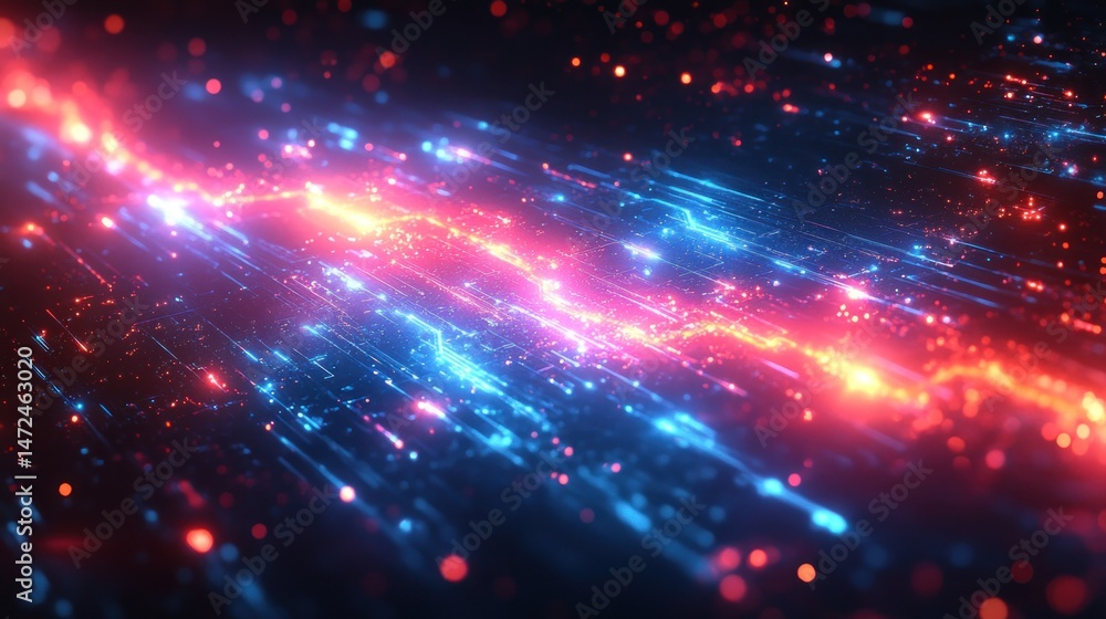 Obraz premium Abstract neon streams, dark background, glowing particles