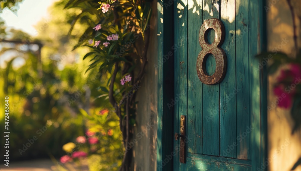 Teal wooden door with number eight, lush garden backdrop Teal wooden door with number eight, lush garden backdrop