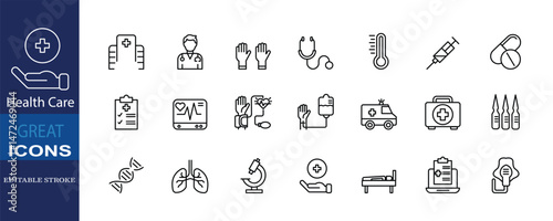Set of 23 editable thin line icons related to health care and medical services. Includes symbols such as hospital, doctor, medical gloves, stethoscope, syringe, pills, thermometer, vaccine, DNA, lungs