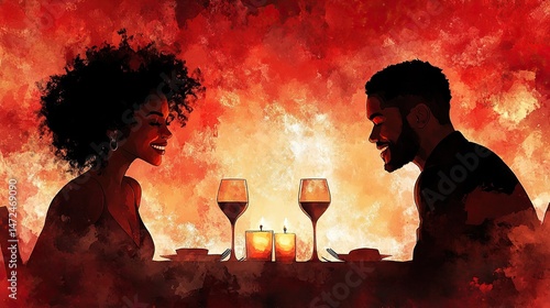 Romantic candlelight dinner with couple in love. Elegant atmosphere and warm glow. Abstract digital painting.