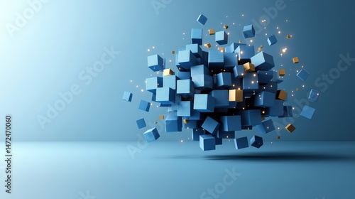 An arrangement of blue cubes with gold accents float abstractly on a blue background in a conceptual design.