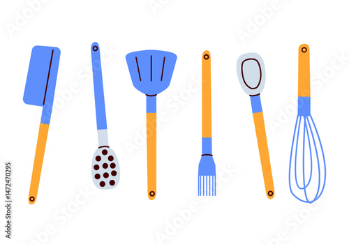 Baking Tools. Essential kitchen tools in flat colorful style including spoon spatula rolling pin and whisk items. For banner, poster, landing, infographic, social media, invitation