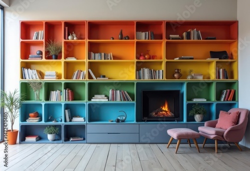 Modern Colorful Living Room Interior with Fireplace and Shelves