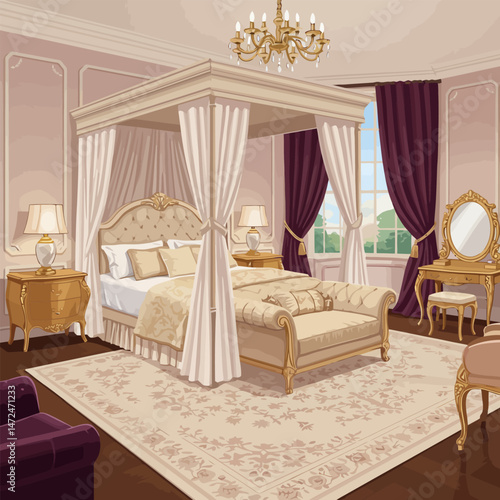 Elegant Bedroom Interior with Canopy Bed, Dressing Table, and Chandelier
