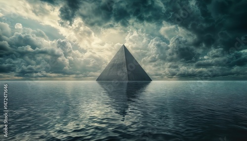 a dark, imposing pyramid rises from the ocean depths beneath a turbulent, stormy sky, creating a surreal and ominous seascape.