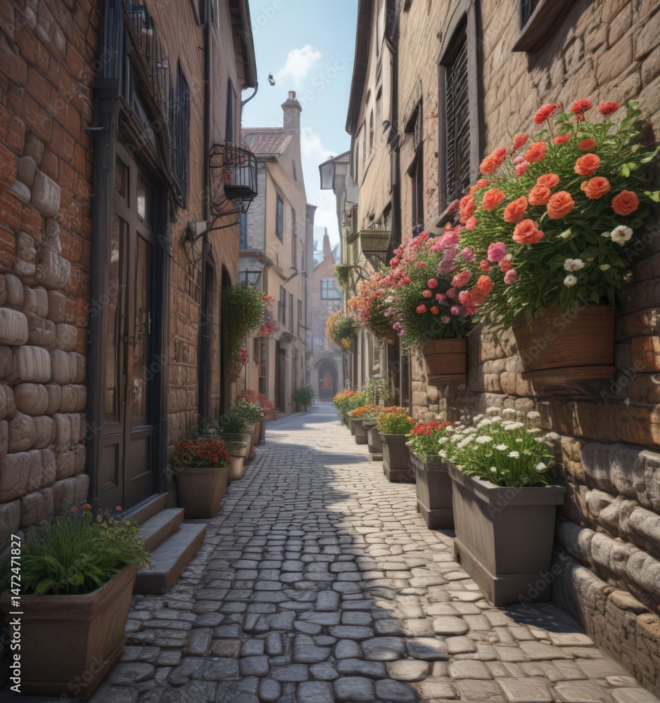 Fototapeta premium Narrow cobblestone street, overflowing window boxes, bright blooms , scenic, Tuscan, vibrant
