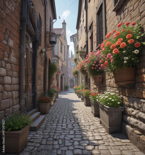 Narrow cobblestone street, overflowing window boxes, bright blooms , scenic, Tuscan, vibrant