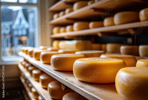 A Cozy Cheese Shop Interior with Rows of Delicious Gouda Cheese Wheels on Wooden Shelves near a Sunlit Window