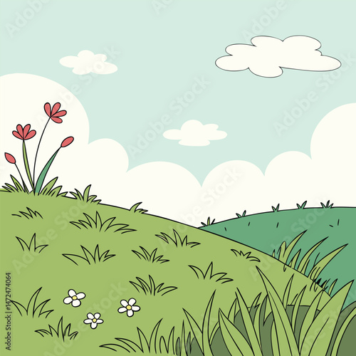 Vibrant Grassy Field and Clear Clouds Vector with Clean Background