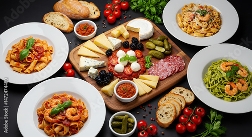 Wallpaper Mural This overhead shot features a bountiful spread of Italian-inspired dishes including pasta, a charcuterie board, tomatoes, bread, and a variety of cheeses on a dark background. Torontodigital.ca
