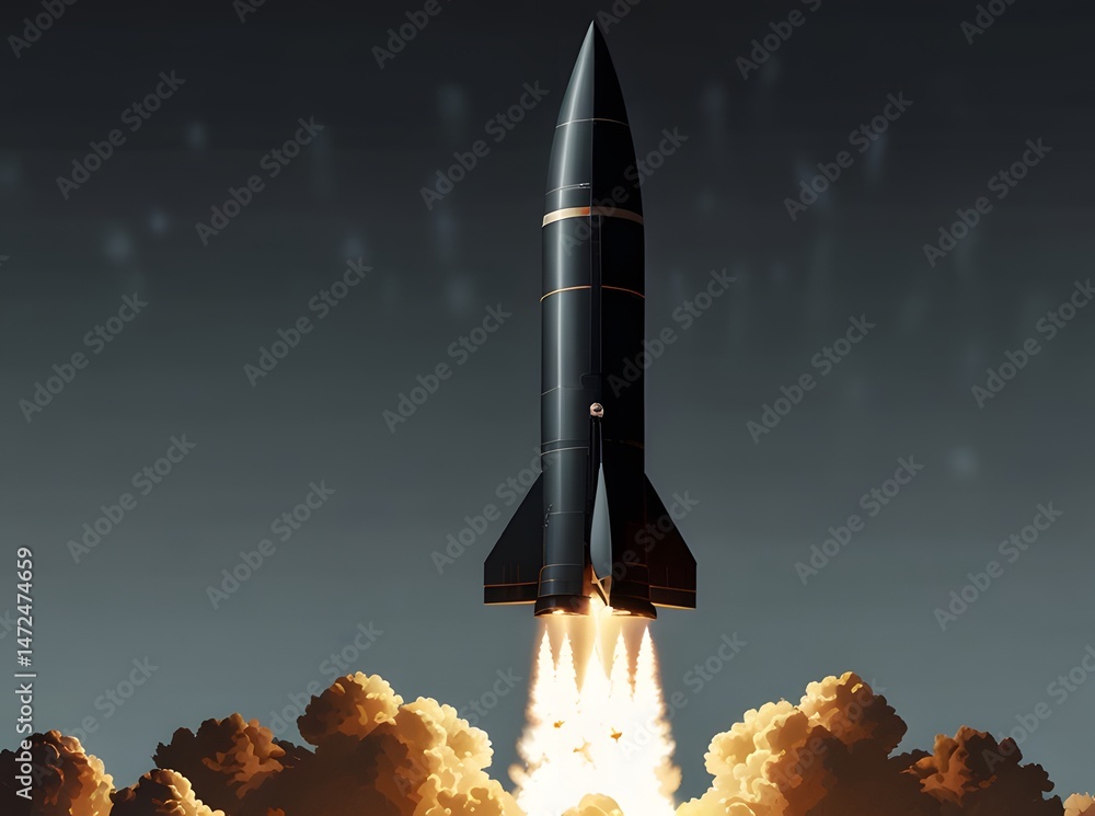 Fototapeta premium Black Rocket Launching Upwards with Flames and Smoke Against a Dark Sky