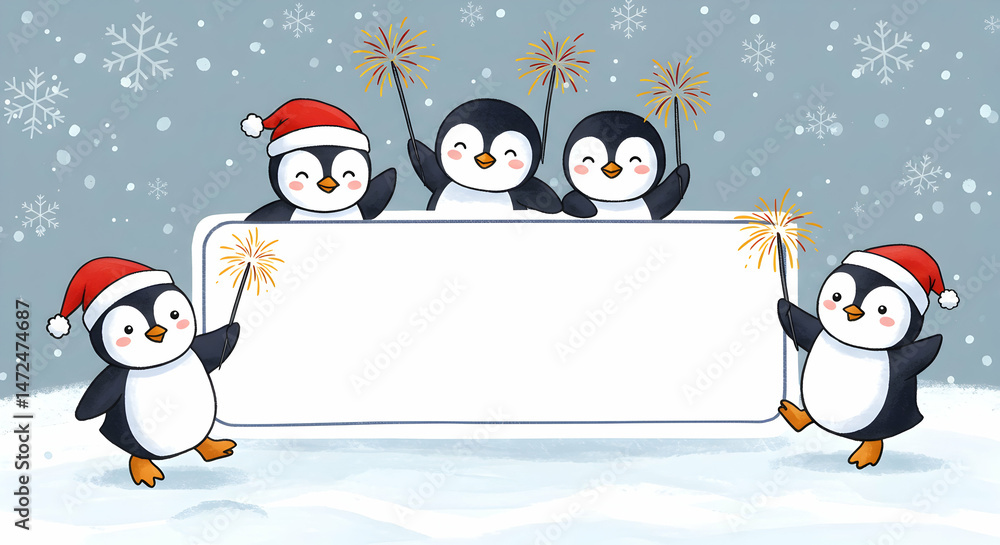 Fototapeta premium Penguins Celebrating with Sparklers Near a Blank Sign in Winter