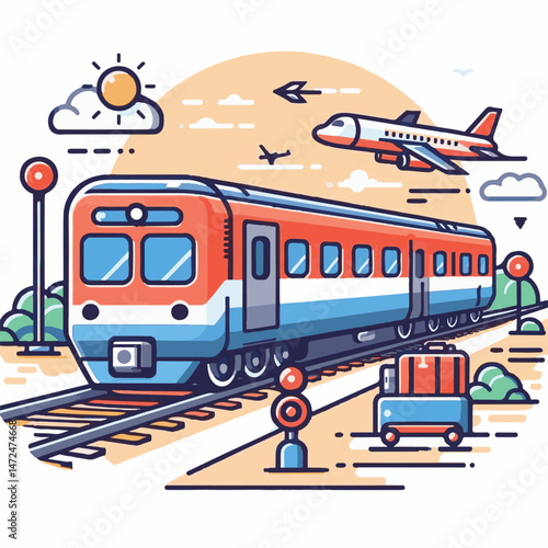travel, train, transport, transportation, locomotive, railway, railroad, passenger, station, illustration, rail, journey, modern, speed, track, background, electric, vehicle, vector, public, line, sub