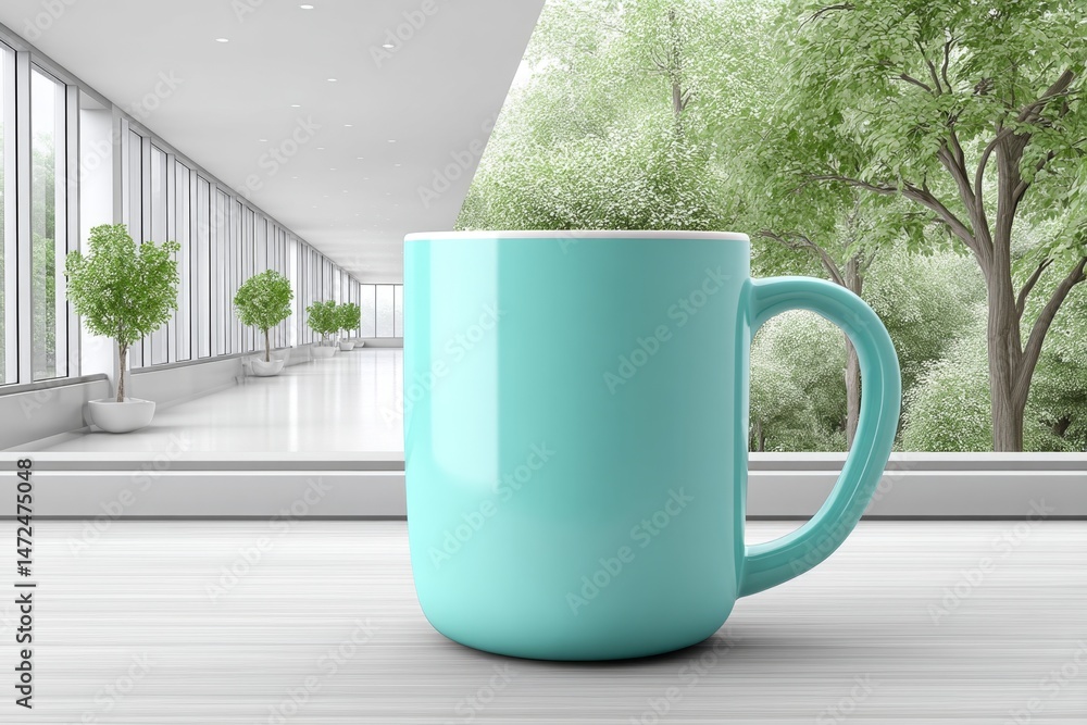 Obraz premium A nurse coffee mug on a windowsill with natural sunlight and hospital hallway view