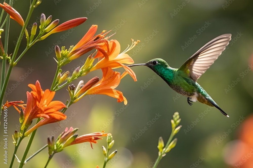 Fototapeta premium Hummingbird Hovering by Orange Flower in Golden Light with Iridescent Plumage