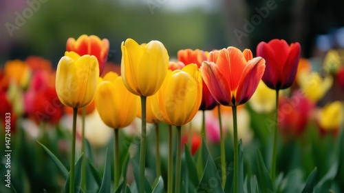 Vibrant yellow and orange tulips in a spring garden, bathed in soft sunlight, creating a cheerful and colorful scene. : Generative AI