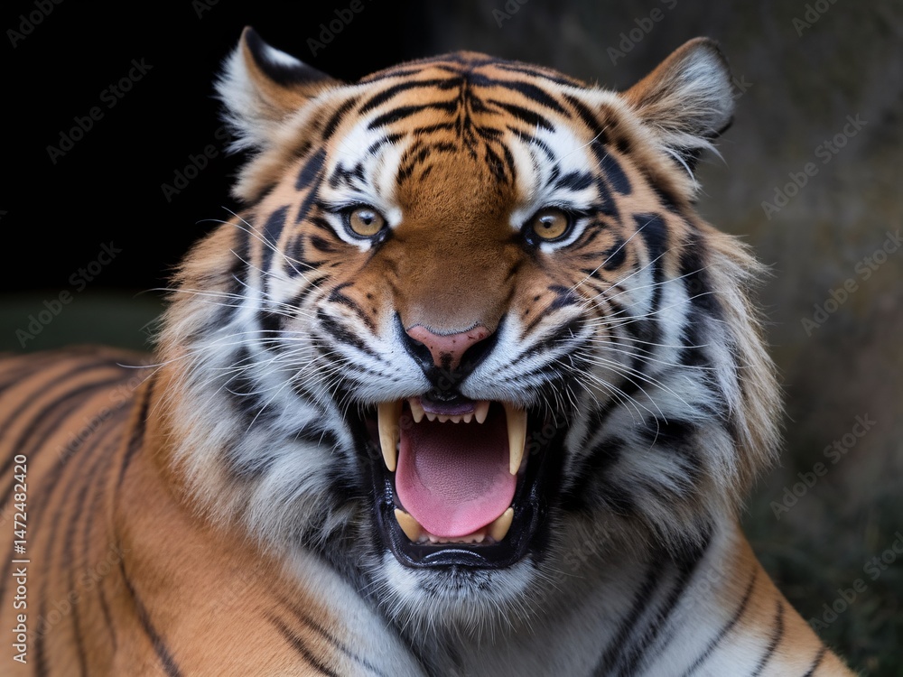 A majestic Bengal tiger with striking features roaring fiercely in a natural setting. A majestic Bengal tiger with striking features roaring fiercely in a natural setting.