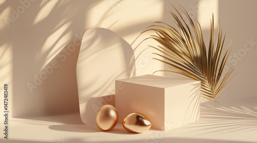 Elegant Still Life with Geometric Shapes and Golden Eggs in Soft Light