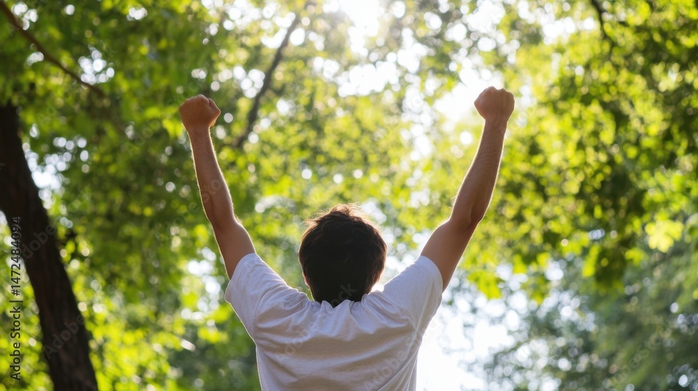 Obraz premium A man with arms raised high, celebrating success outdoors in a lush green forest, feeling freedom and joy under the sunlight. : Generative AI
