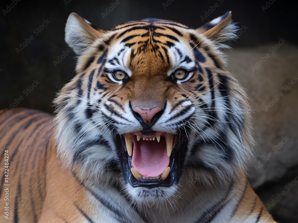 Naklejka premium Close-up of a fierce tiger displaying its menacing roar and striking striped fur.