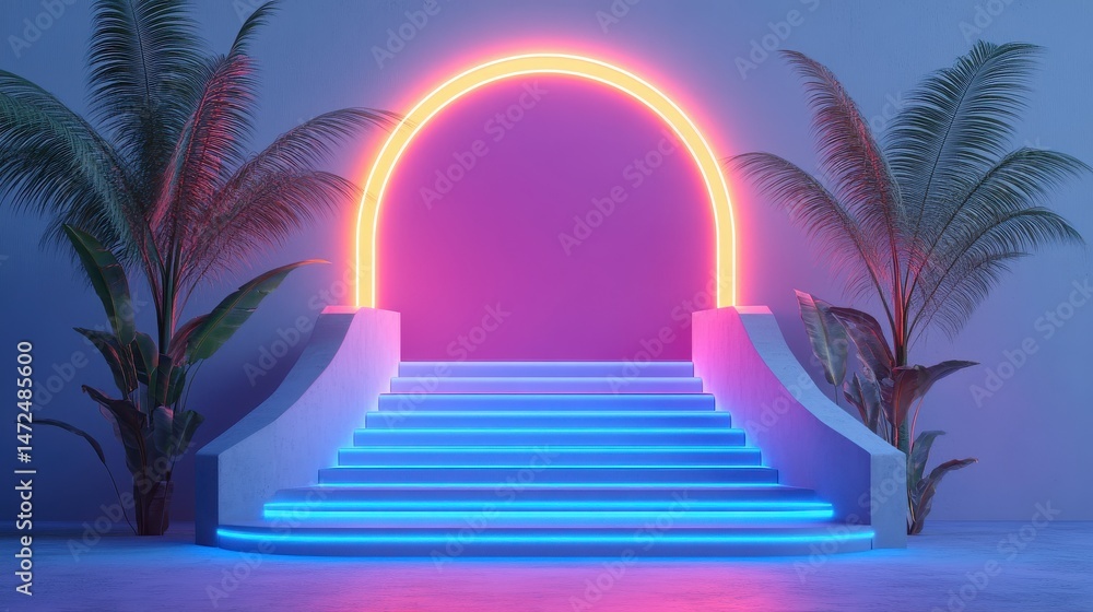 Naklejka premium Neon Arch with Steps and Tropical Plants in Modern Interior Design