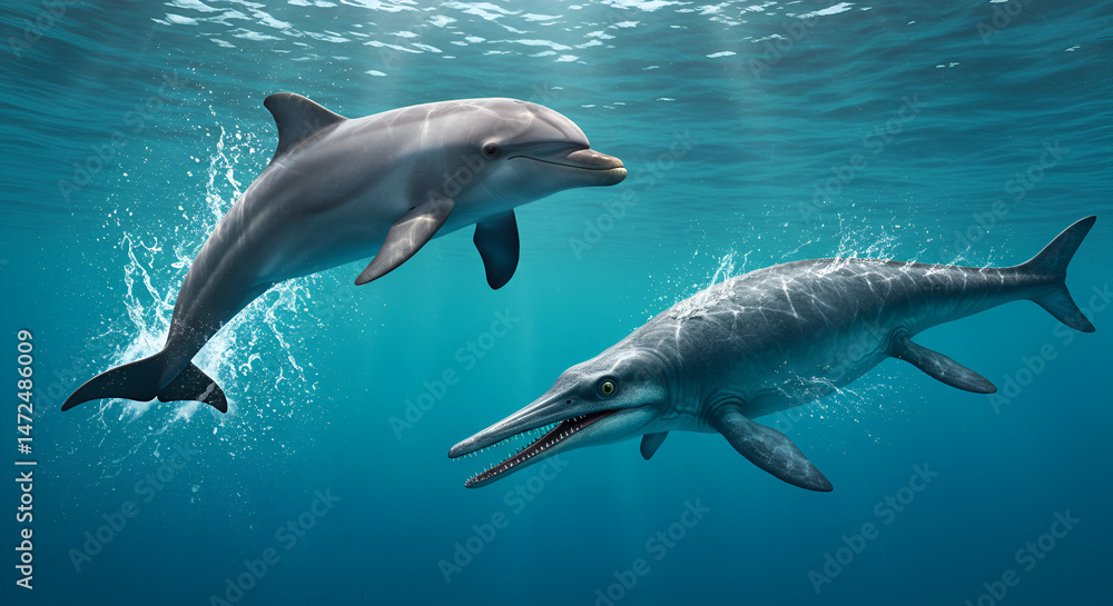 Obraz premium Convergent Evolution in Dolphin and Ichthyosaur