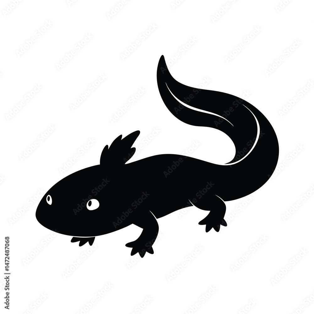 Fototapeta premium Axolotl unique aquatic salamander black silhouette vector image on white background