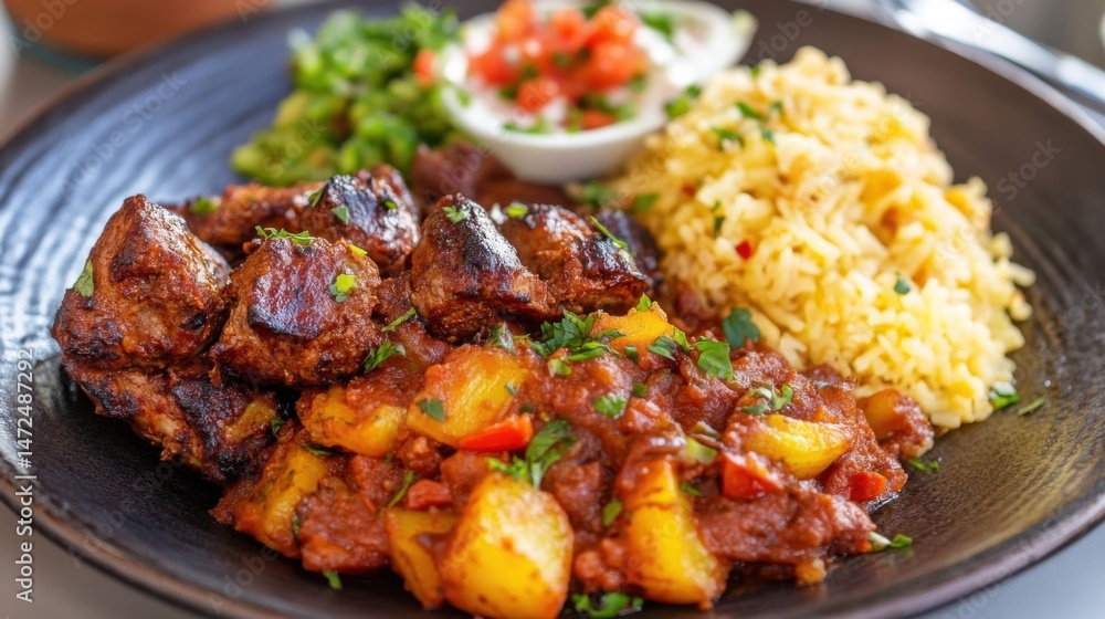 Delicious grilled meat cubes served with a vibrant potato stew, fluffy yellow rice, and a side of fresh salsa and guacamole. : Generative AI Delicious grilled meat cubes served with a vibrant potato stew, fluffy yellow rice, and a side of fresh salsa and guacamole. : Generative AI
