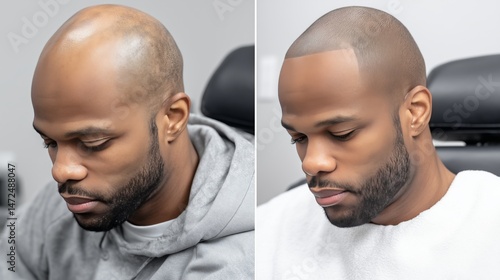 Scalp Micropigmentation Before/After, Male Side Profile with Thinning Hair vs. Restored Hairline in Barber Shop