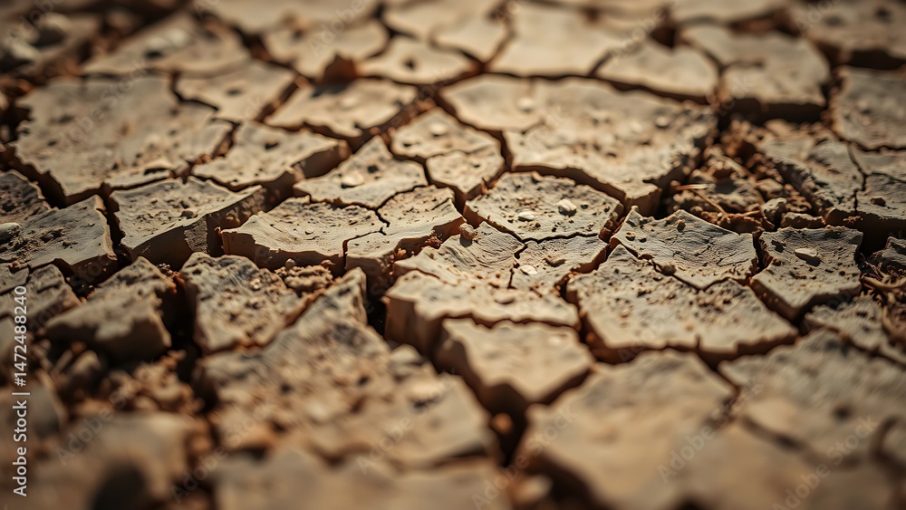 Fototapeta premium Arid Land Texture Depicting Severe Drought Conditions Featuring Cracked Earth Surface Detail Closeup View Showing Environmental Issues and Climate Change Impacts