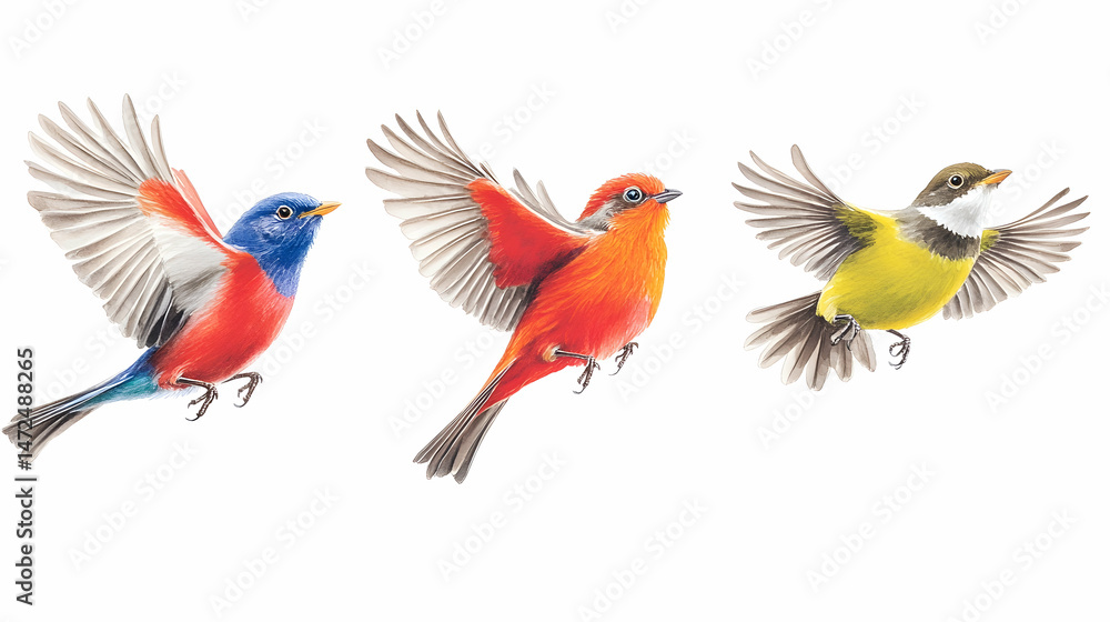 Naklejka premium Three vibrant birds in flight, showcasing different colors