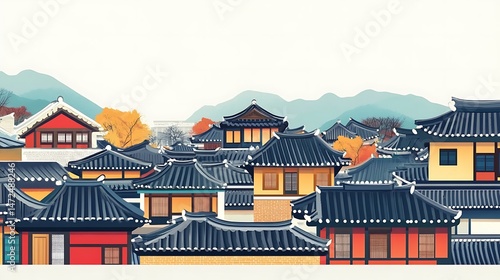 Korean village autumn rooftops with mountains.