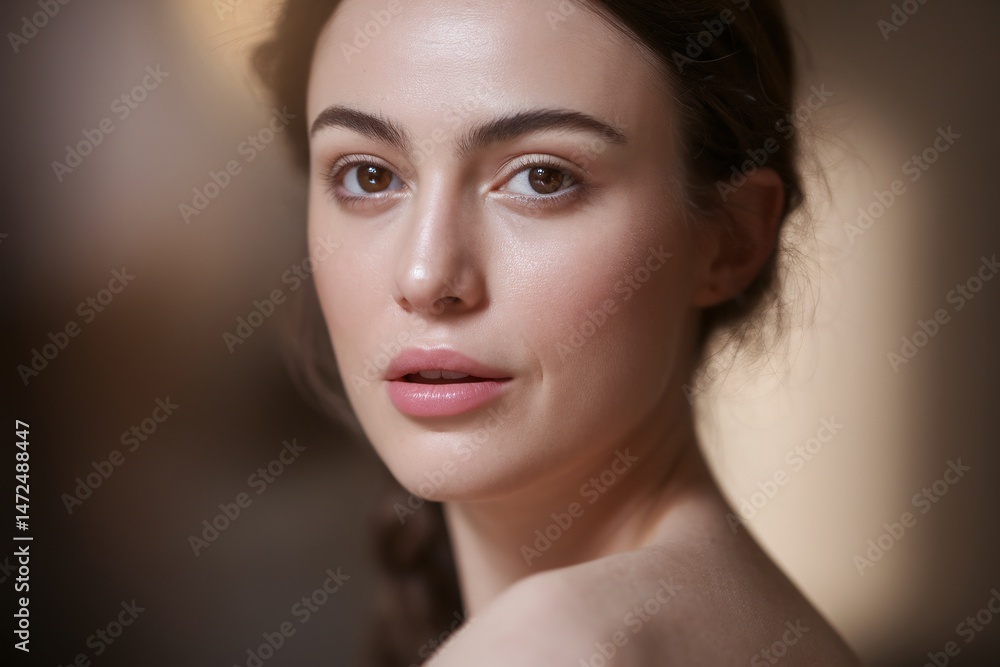 Fototapeta premium A young Caucasian woman with natural makeup and soft features gazes thoughtfully at the camera.