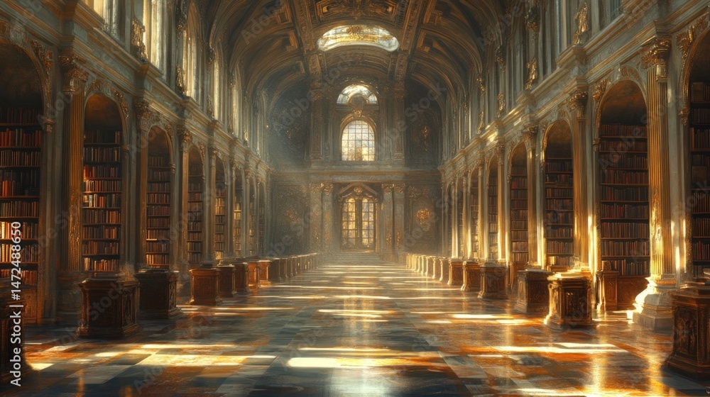 Obraz premium Grand library hall, sunlit, classical architecture