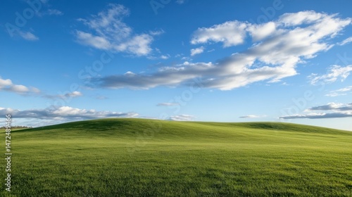 Rolling green hills under a vibrant blue sky with fluffy white clouds, a picturesque landscape perfect for nature photography or travel brochures. : Generative AI