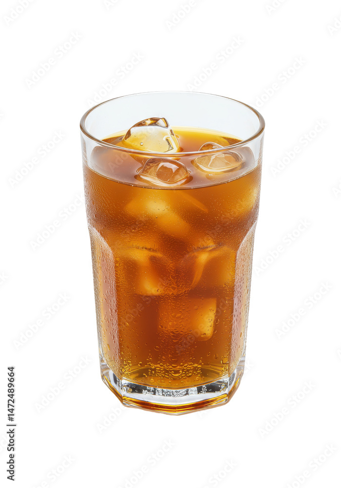 Chilled drink in a glass with ice cubes, showing condensation and refreshing look Chilled drink in a glass with ice cubes, showing condensation and refreshing look