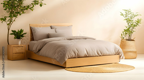 Cozy bedroom with light wood bed and neutral bedding