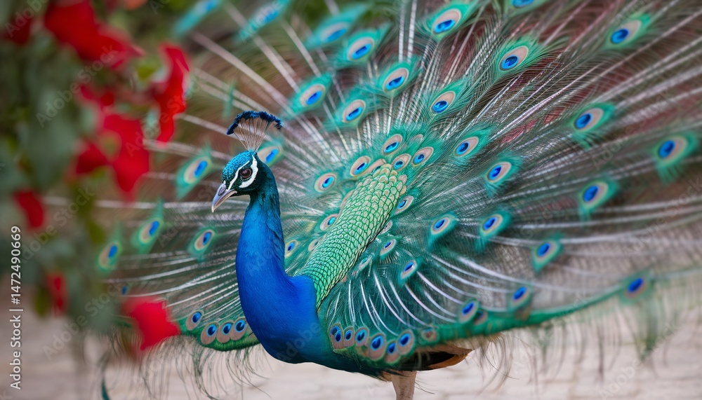 Obraz premium A stunning male peacock displaying its vibrant iridescent plumage surrounded by red flowers.
