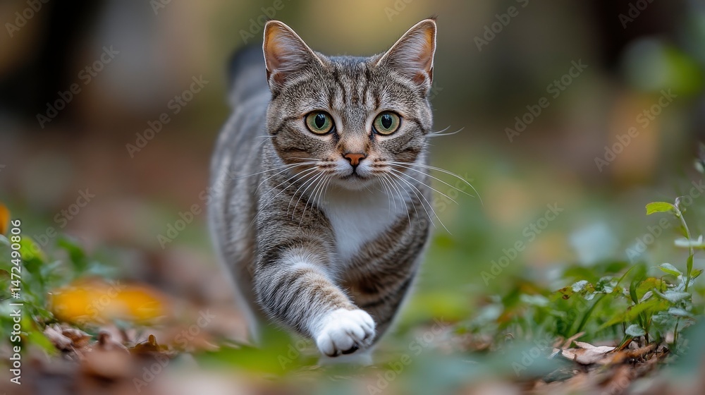 Fototapeta premium Tabby cat prowls, striking a pose in the leafy terrain