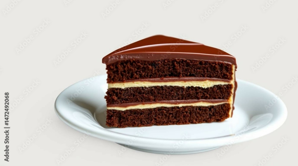 A slice of chocolate cake filled and topped with rich chocolate frosting, placed on a white plate, realistic food photography. A slice of chocolate cake filled and topped with rich chocolate frosting, placed on a white plate, realistic food photography.
