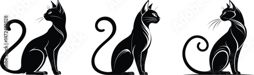 Elegant Black Cat Illustrations Three Stylish Poses for Design Inspiration