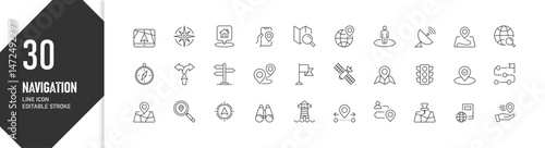 30 Navigation symbols in editable line style for digital maps and GPS interface